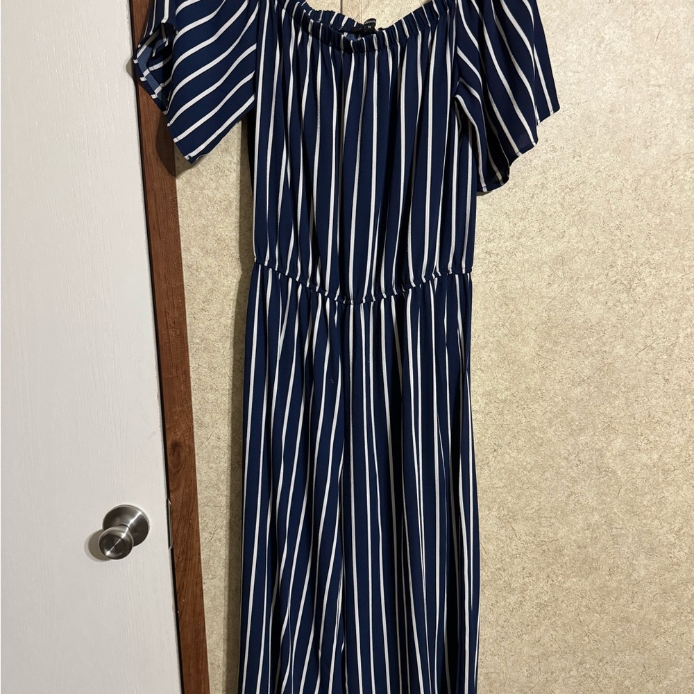 Navy and White Striped Off-Shoulder Jumpsuit